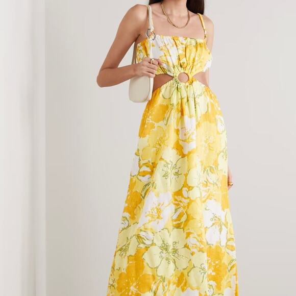 Faithfull The Brand El Rio Linen Cut Out Midi Maxi Dress Loretta Floral Yellow - Picture 4 of 10
